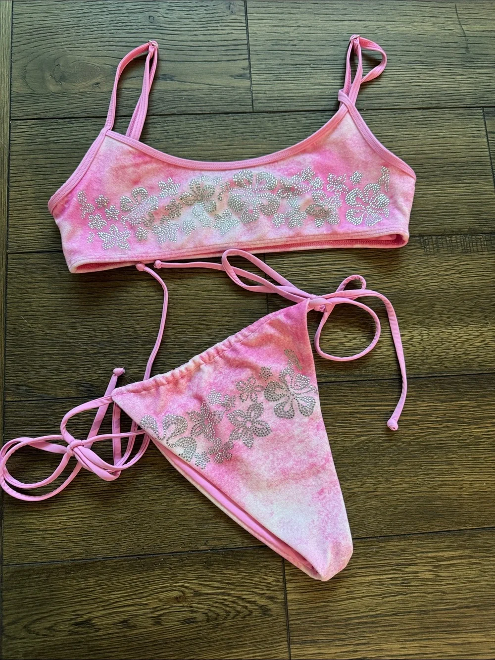 Frankies Bikinis Rhinestone Top & Side Tie Bottom Set  Pink Size Med MWOT